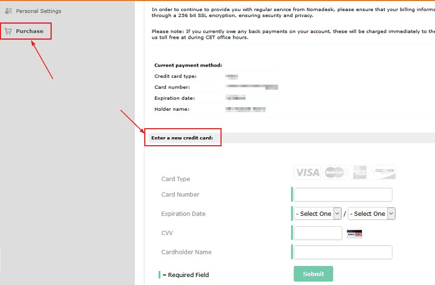Changing your credit card number after several failed payments – Nomadesk